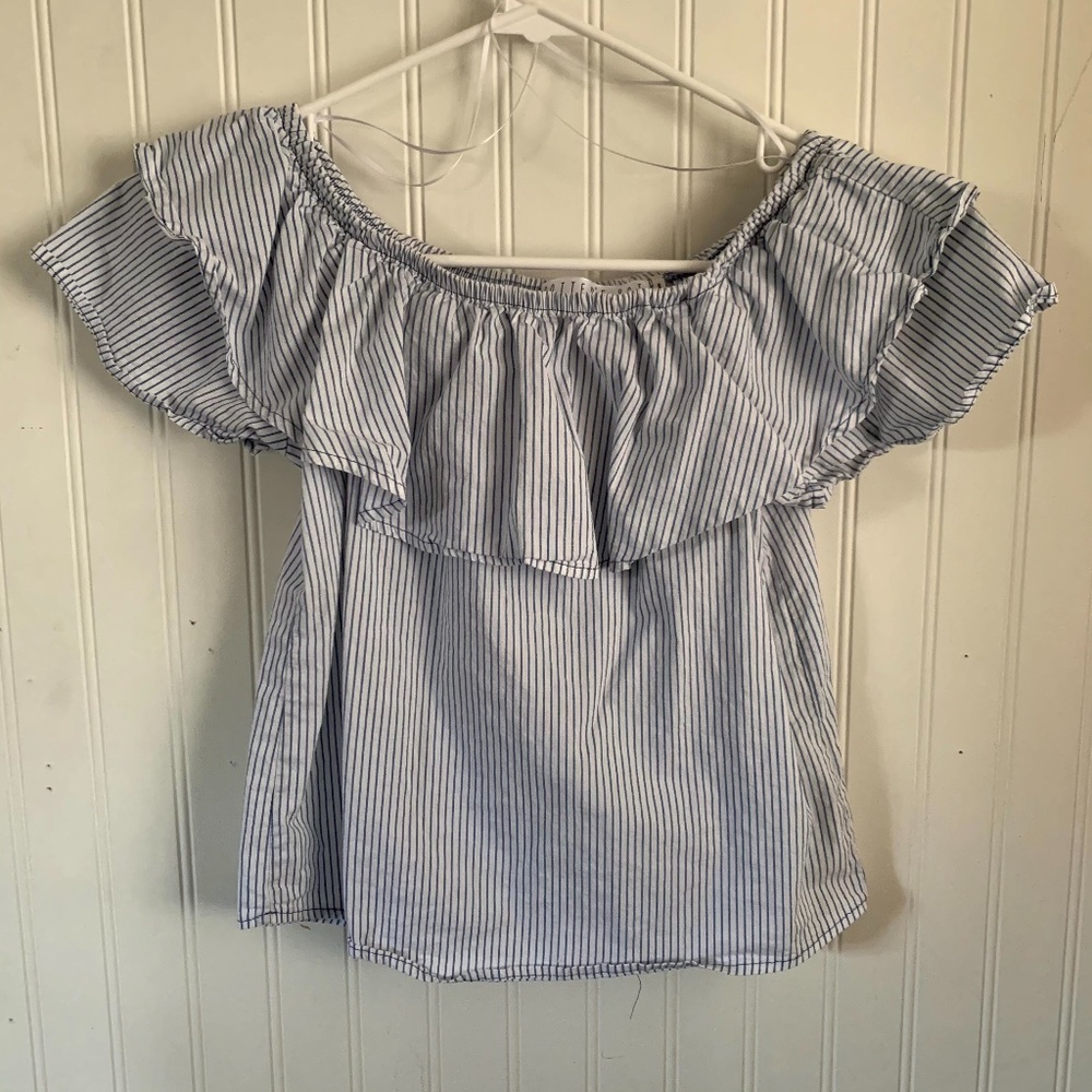 Off-the-Shoulder Pinstriped Ruffle Top, XS/S